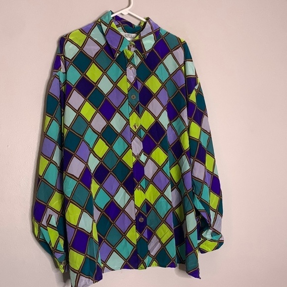 Diane von furstenberg stain glass silk plus 3X button front long sleeve shirt - Picture 1 of 8